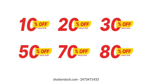 Special offer discount label with different sale percentage. 10, 20, 30, 50, 70, 80 percent off price reduction badge promotion design emblem set vector illustration isolated on white background.