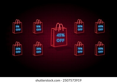 Special offer discount label with different sale percentage. 5, 15, 25, 35.45, 55, 65, 75.85 percent discount. neon style. price reduction badge set promotion badge design illustration.