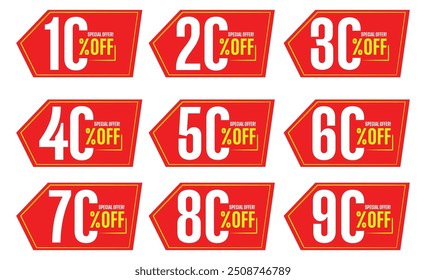 Etiqueta de descuento de oferta especial con diferente porcentaje de venta. 10, 20, 30, 40, 50, 60, 70, 80, 90 por ciento de descuento en el Vector del conjunto de emblemas del diseño de la insignia roja de la promoción de la reducción de Precio.