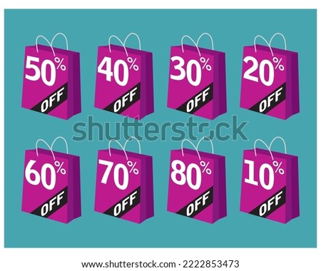 Special offer discount label with different sale percentage. 10, 20, 30, 40,50, 60,70,80 percent off Sale Special Offer Banner template Design. Shopping Paper Bag Vector Illustration
