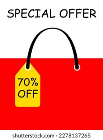 Special offer discount label with sale percentage. Sale tag on a shopping bag 70 percent off price vector illustration isolated on white