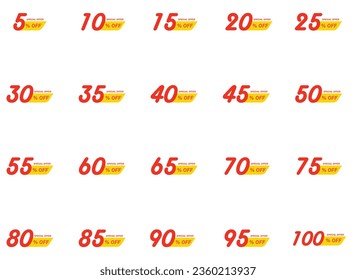 Special offer discount labels with different sale percentages. 5, 10, 15 to 100 percent off price reduction promotion badge emblem design set vector illustration isolated on white background. eps 10 
