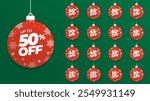 Special offer discount on christmas balls with different value percent off 90, 85, 80, 75, 70, 65, 60, 55, 50, 45, 40, 35, 30, 25, 20, 15, 10 percentage price reduction label. Sale offer emblem set.	