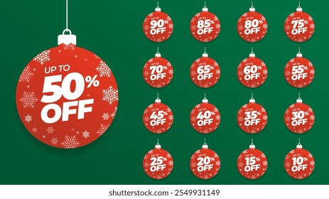 Special offer discount on christmas balls with different value percent off 90, 85, 80, 75, 70, 65, 60, 55, 50, 45, 40, 35, 30, 25, 20, 15, 10 percentage price reduction label. Sale offer emblem set.	