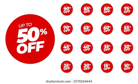 Special offer discount on red rounded tags with different value percent off 90, 85, 80, 75, 70, 65, 60, 55, 50, 45, 40, 35, 30, 25, 20, 15, 10 percentage price reduction label. Sale offer emblem set.