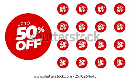 Special offer discount on red rounded tags with different value percent off 90, 85, 80, 75, 70, 65, 60, 55, 50, 45, 40, 35, 30, 25, 20, 15, 10 percentage price reduction label. Sale offer emblem set.