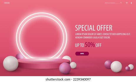 Special offer, discount pink banner with empty podium with neon rings. 3d illustration with offer