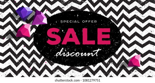 Special offer discount poster with zig zag pattern background and diamonds rocks top view, modern geometric advertising print