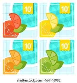 Special offer. Discount for refreshments. Template for advertising price tags, menus, booklets, leaflets. Summer sale. Cartoon flat vector illustration. Objects isolated on a white background.