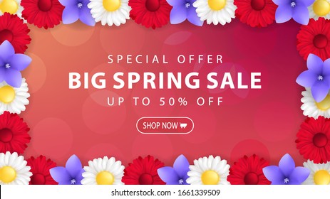special offer discount spring banner with discounts up to 50% with colors of blue red and white in a circle on a blurred background