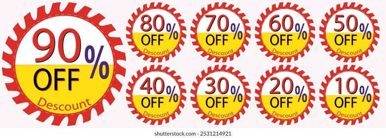 Special offer discount tag with 10, 20, 30, 40, 50, 60, 70, 80 and 90 percent off price reduction. Discount tag, label, badge, sign for advertising campaign in retail. Vector illustration