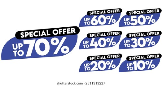Special Offer discount tags. Discount offer price sign. 10, 20, 30, 40, 50, 60 and 70 percent discount offer. Blue tags for shopping, marketing, advertisement, banner, and web. Vector illustration.
