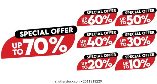 Special Offer discount tags. Discount offer price sign. 10, 20, 30, 40, 50, 60 and 70 percent discount offer. Red tags for shopping, marketing, advertisement, banner, and web. Vector illustration.