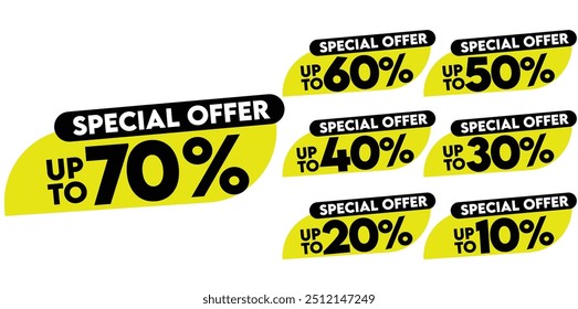 Special Offer discount tags. Discount offer price sign. 10, 20, 30, 40, 50, 60 and 70 percent discount offer. Yellow tags for shopping, marketing, advertisement, banner, and web. Vector illustration.