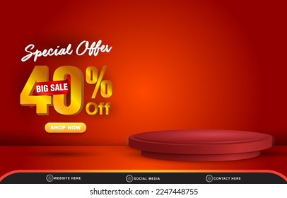 special offer discount template banner with blank space 3d podium for product sale with abstract gradient red and orange background design