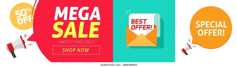 Special offer discount vector banner or mega sale deal off best promotion email marketing alert flat cartoon illustration, concept of digital advertising or electronic mail design