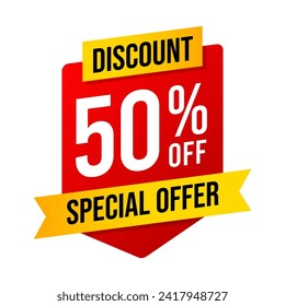 Special offer discounts 50 percent off. Red and yellow template on white background. Vector illustration