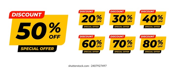 Special offer discounts label starting from 20, 30, 40, 50, 60, 70, 80 percent. Trendy yellow color sales promotion banner element. Vector illustration