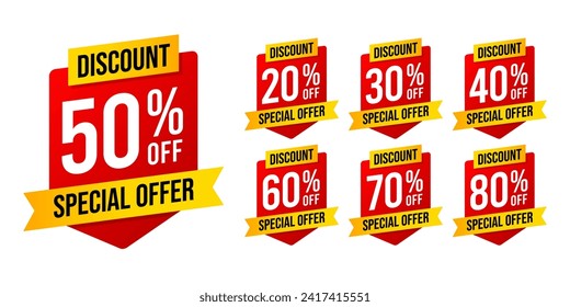 Special offer discounts label starting from 20, 30, 40, 50, 60, 70, 80 percent off. Trendy red and yellow color sales promotion banner element. Vector illustration svg