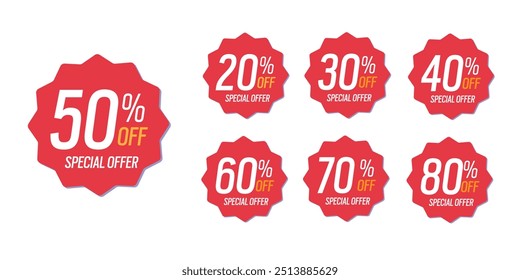 Special offer discounts label starting from 20, 30, 40, 50, 60, 70, 80 percent off. vector discount sticker red.