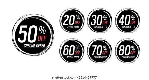 Special offer discounts label starting from 20, 30, 40, 50, 60, 70, 80 percent off. vector discount sticker black.