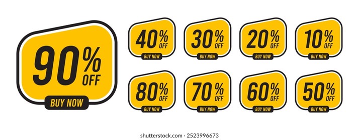 Etiqueta de descontos de oferta especial começando em 10, 20, 30, 40, 50, 60, 70, 80, 90 por cento. Elemento de faixa da promoção de vendas a cores amarelo moderno. Ilustração vetorial