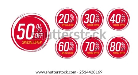 Special offer discounts label starting from 20, 30, 40, 50, 60, 70, 80 percent off. vector discount sticker red.