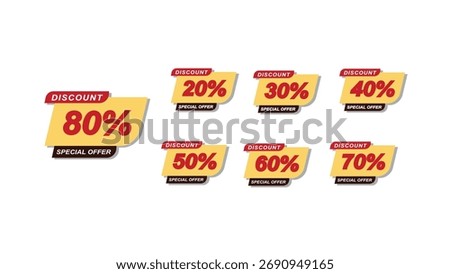 Special offer discounts label starting from 20, 30, 40, 50, 60, 70, 80 percent.Sales promotion banner element,discount labels for shopping,social media.Price tag discount. Vector design