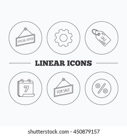 Special offer, discounts and sale coupon icons. For sale linear sign. Flat cogwheel and calendar symbols. Linear icons in circle buttons. Vector