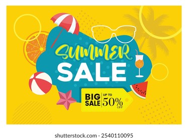 Oferta especial durante el verano. Promoción de descuento con Elementos de verano. Concepto de verano. Ilustración vectorial plana.