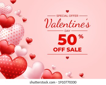 Special Offer During Valentines Day, 50% Off Sale, Realistic 3D Love Or Heart Background, Vector Illustration