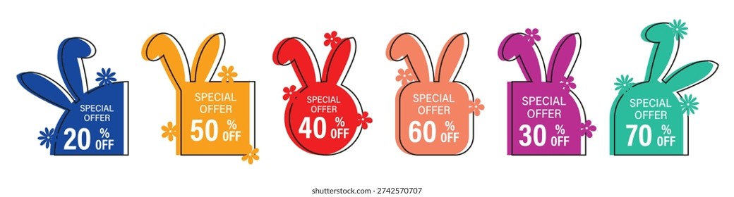 Special offer easter bunny badges collection. Colorful discount shapes with percentage text. Spring promotional elements isolated