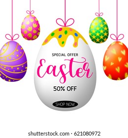 Special offer for Easter. eggs hanging, illustration isolated on white background. Great for your design of poster, greeting card and banner.