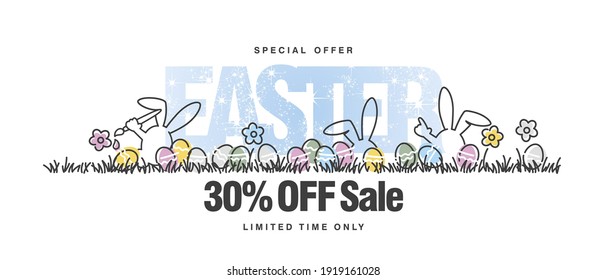 Special offer Easter Sale 30 percent off handwritten line design colorful Easter banny egg hunt in grass spring white background