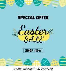 Special offer easter sale. Background with colourfull eggs and decorative elements.
