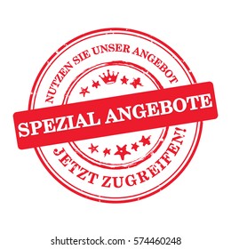 Special offer! Enjoy our offer! - German business stamp (Spezial Angebote, Nutzen Sie Unser Angebote; Jetzt Zugreifen) - print color used