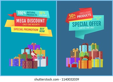 Special offer and exclusive product premium discount set. Gifts in boxes decorated with ribbons and wrapped with paper. Best quality presents vector