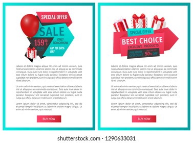 Special offer, exclusive product price reduction web page templates vector. Inflatable balloon and present from shop, sellout and clearance online sites