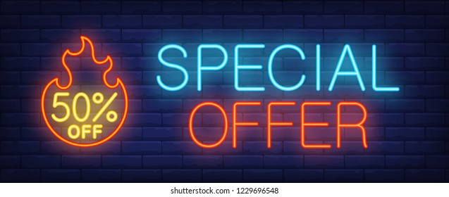 Special offer, fifty percent off neon text with fire flame. Sale advertisement design. Night bright neon sign, colorful billboard, light banner. Vector illustration in neon style.