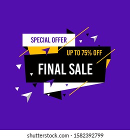 Special offer final sale up to 75% off. Dynamic shapes and lines, Mega Sale, Shop now text. Layout for advertising design, banner, poster, online shopping, product, promotions, website and brochure.