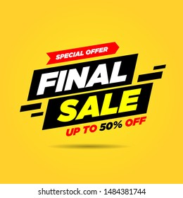 Special offer final sale banner on yellow background, up to 50% off. Vector illustration.