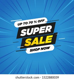 Special offer final sale banner with on blue comic abstract background, up to 70% off. Vector illustration.