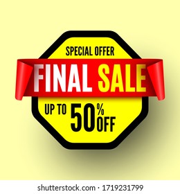 Special offer final sale banner with red ribbon. Vector illustration.