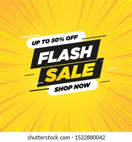 Oferta especial banner de venta flash con fondo de cómic amarillo, hasta un 50% de descuento. Ilustración vectorial.