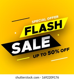 Special offer flash sale banner with shadow on yellow background, up to 50% off. Vector illustration.