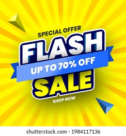 Special offer flash sale banner on yellow striped background. Vector illustration.