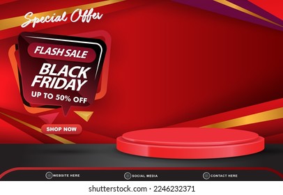 special offer flash sale black friday discount template banner with blank space 3d podium for product sale with abstract gradient red background