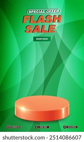 oferta especial flash venda desconto portait modelo banner com espaço em branco 3d pódio para mídia social pós venda do produto com gradiente abstrato verde plano de fundo design68