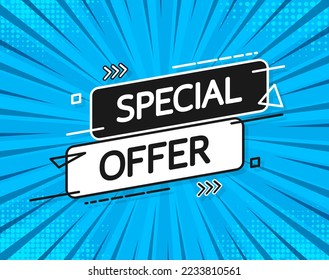 Special offer flat blue banner. Discount tag, app icon. Vector illustration
