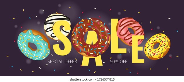 Spezielles Angebot mit Fliegerdünen mit diversen Stöcken. Donut Shop, Süßwaren, Bäckerei, Konditorei, Dessertkonzept. Vector Illustration für Poster, Banner, Werbebanner, Sonderangebot, Verkauf. 